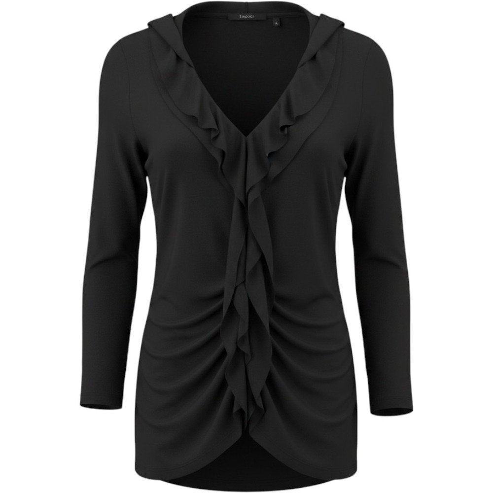 Tahari Top Womens Small Black Ruffle V-Neck Long Sleeve Ruched Jersey Blouse